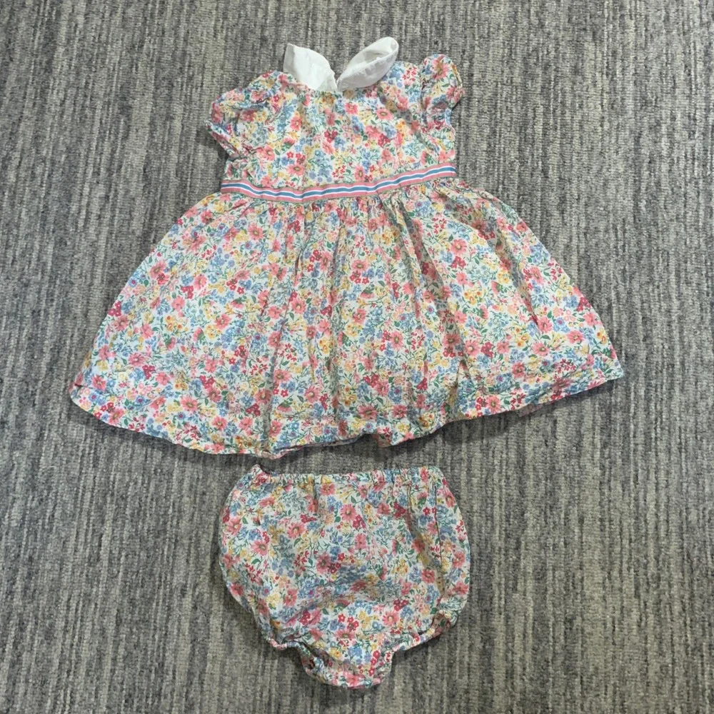 Vintage Ralph Lauren Floral Dress Bloomer Set Cotton‎ White Collar Girl 9M